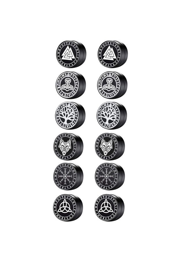 Aroncent 6Pairs Norse Viking Magnetic Stud Earrings for Men Women Stainless Steel Non-piercing Hypoallergenic Unisex Gauges Clip on Earring Set - Image 1