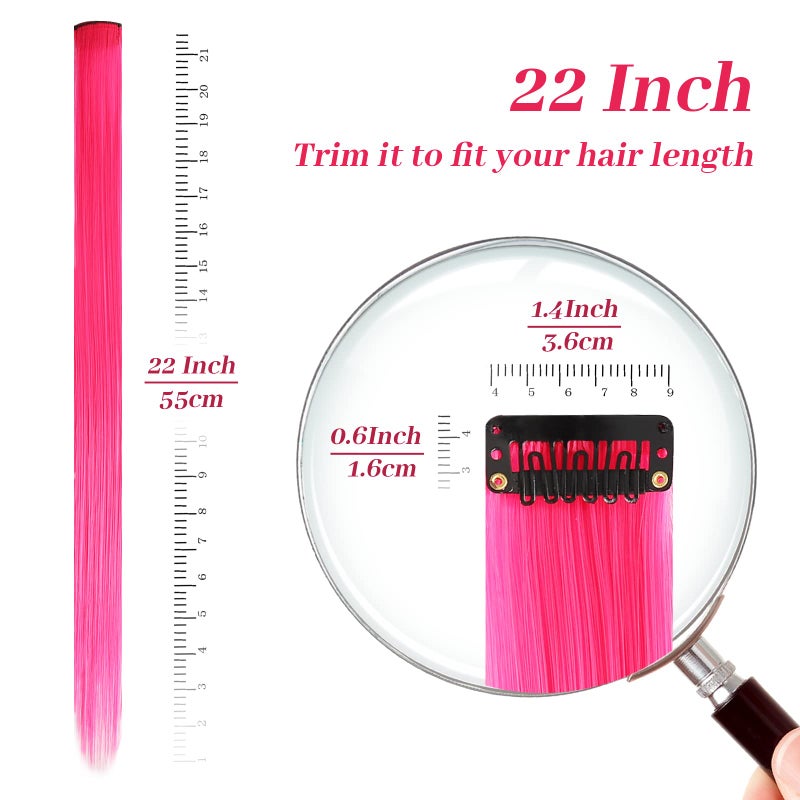 YaFex 12 Pcs Clip in Hair Extensions, 22 Inch Colored Hair Extensions Party Highlights Long Straight Synthetic Hairpieces for Women Kids Girls (Hot Pink) - Image 3