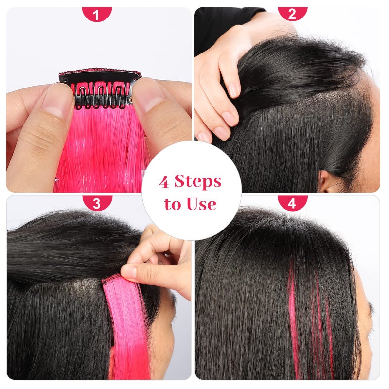 YaFex 12 Pcs Clip in Hair Extensions, 22 Inch Colored Hair Extensions Party Highlights Long Straight Synthetic Hairpieces for Women Kids Girls (Hot Pink) - Image 5