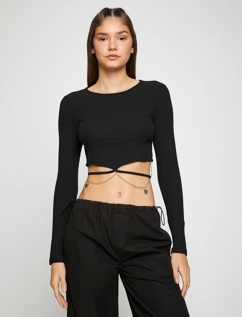 KOTON Crop T-Shirt Chain Detailed Long Sleeve Crew Neck