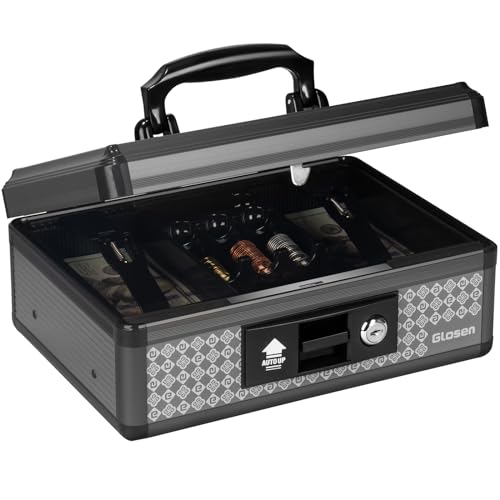 Glosen Cash Box with Lock, Money Box with Key Lock & Removable Coin Tray 13.5 * 5.31 * 11.4inch (Black, Large) - Image 1