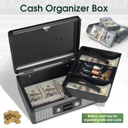 Glosen Cash Box with Lock, Money Box with Key Lock & Removable Coin Tray 13.5 * 5.31 * 11.4inch (Black, Large) - Image 2