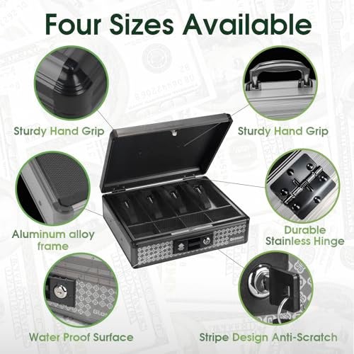 Glosen Cash Box with Lock, Money Box with Key Lock & Removable Coin Tray 13.5 * 5.31 * 11.4inch (Black, Large) - Image 4