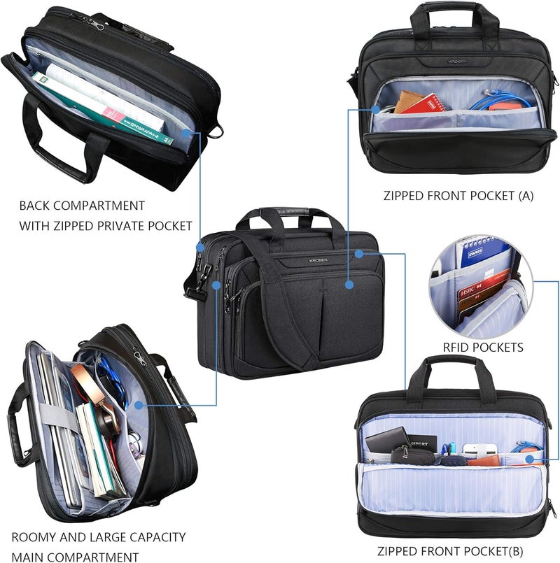 KROSER Laptop Bag Expandable Lightweight Briefcase for 17.3" Laptop Premium Business Work Bag Water-Repellent Messenger Bag with RFID Pockets for Travel/Women/Men-Black - Image 4