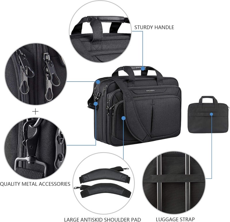KROSER Laptop Bag Expandable Lightweight Briefcase for 17.3" Laptop Premium Business Work Bag Water-Repellent Messenger Bag with RFID Pockets for Travel/Women/Men-Black - Image 5
