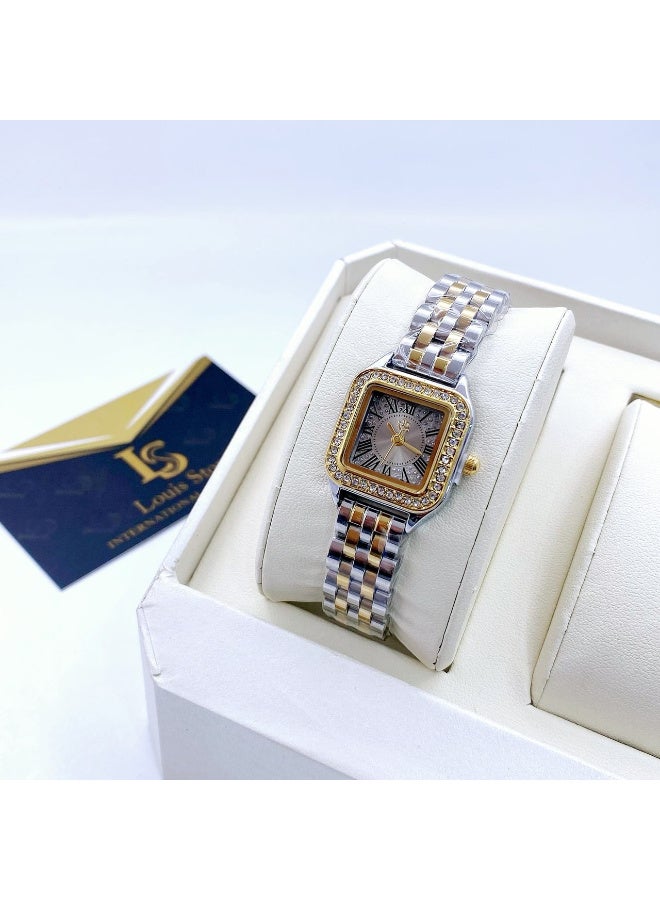 Louis Ston Women's waterproof watch, high quality steel, silver and gold bracelet with gray dial