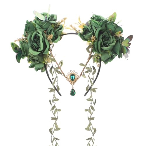 MOSTORY Green Fairy Flower Headpiece - Elf Crown with Butterfly for Woodland Fairy Costume, Forest Floral Headband for Renaissance Accessories Women Renfaire Halloween Fantasy Cosplay - Image 1