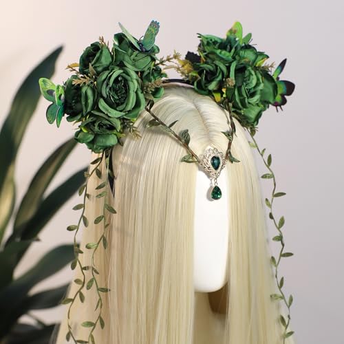 MOSTORY Green Fairy Flower Headpiece - Elf Crown with Butterfly for Woodland Fairy Costume, Forest Floral Headband for Renaissance Accessories Women Renfaire Halloween Fantasy Cosplay - Image 5