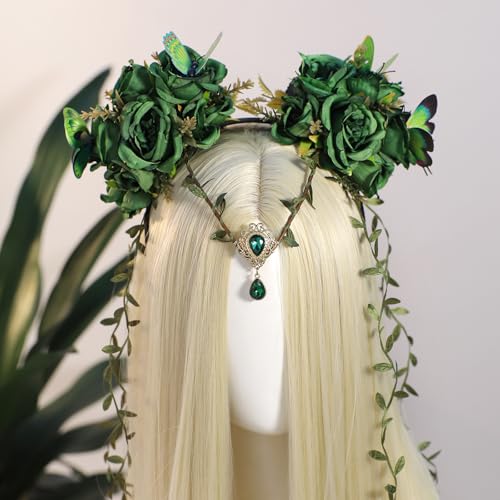 MOSTORY Green Fairy Flower Headpiece - Elf Crown with Butterfly for Woodland Fairy Costume, Forest Floral Headband for Renaissance Accessories Women Renfaire Halloween Fantasy Cosplay - Image 4