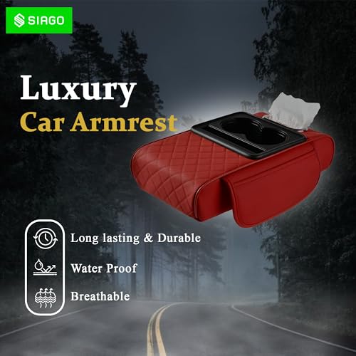 SIAGO SIA399 Premium Car Armrest Cover | 5-in-1 Center Console Organizer with Cup Holder, Phone Slot, & Storage Bags | Anti-Slip PU Leather Cushion for Sedans & SUVs (Red) - Image 3