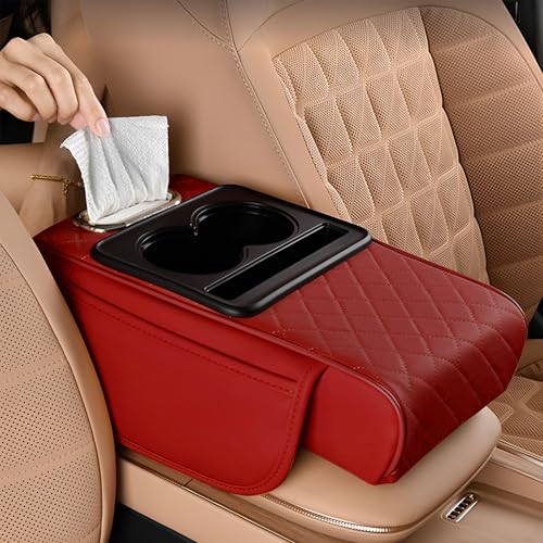 SIAGO SIA399 Premium Car Armrest Cover | 5-in-1 Center Console Organizer with Cup Holder, Phone Slot, & Storage Bags | Anti-Slip PU Leather Cushion for Sedans & SUVs (Red) - Image 1
