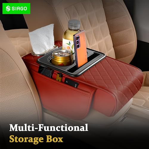 SIAGO SIA399 Premium Car Armrest Cover | 5-in-1 Center Console Organizer with Cup Holder, Phone Slot, & Storage Bags | Anti-Slip PU Leather Cushion for Sedans & SUVs (Red) - Image 4