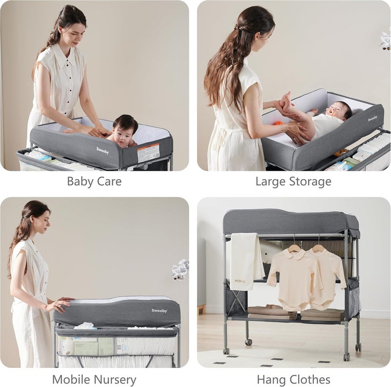 طاولة تغيير الحفاضات المحمولة من Sweeby، طاولة قابلة للطي مزودة بمرافق لتغيير ملابس الرضيع، وسادة مقاومة للماء لطاولة تغيير الحفاضات، منظم متنقل للأغراض الأساسية للمواليد الجدد، لون رمادي داكن - Image 5