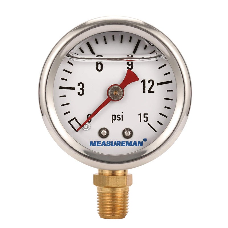 MEASUREMAN 112 Dial Size Glycerin Filled Fuel Pressure Gauge 304 Stainless Steel case 015Psi 323 18 NPT Lower Mount