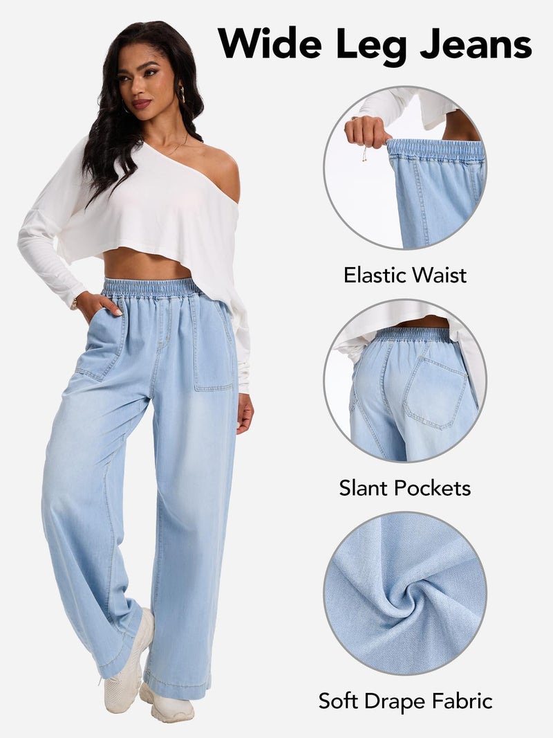 DEICAEVO Wide Leg Baggy Jeans, Elastic Waist Jeans for Women Trendy Loose Pants Light Blue S - Image 4