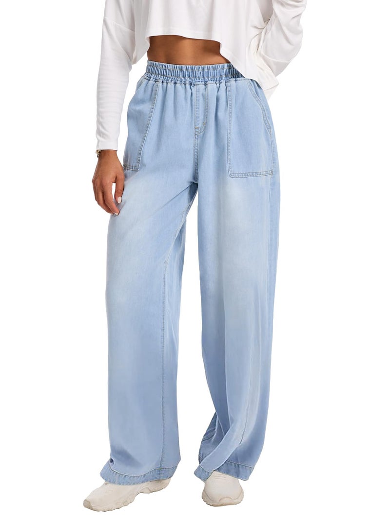DEICAEVO Wide Leg Baggy Jeans, Elastic Waist Jeans for Women Trendy Loose Pants Light Blue S - Image 1