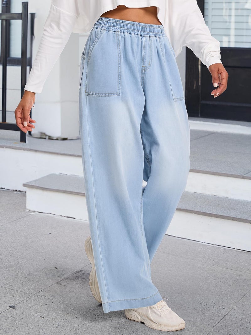 DEICAEVO Wide Leg Baggy Jeans, Elastic Waist Jeans for Women Trendy Loose Pants Light Blue S - Image 2