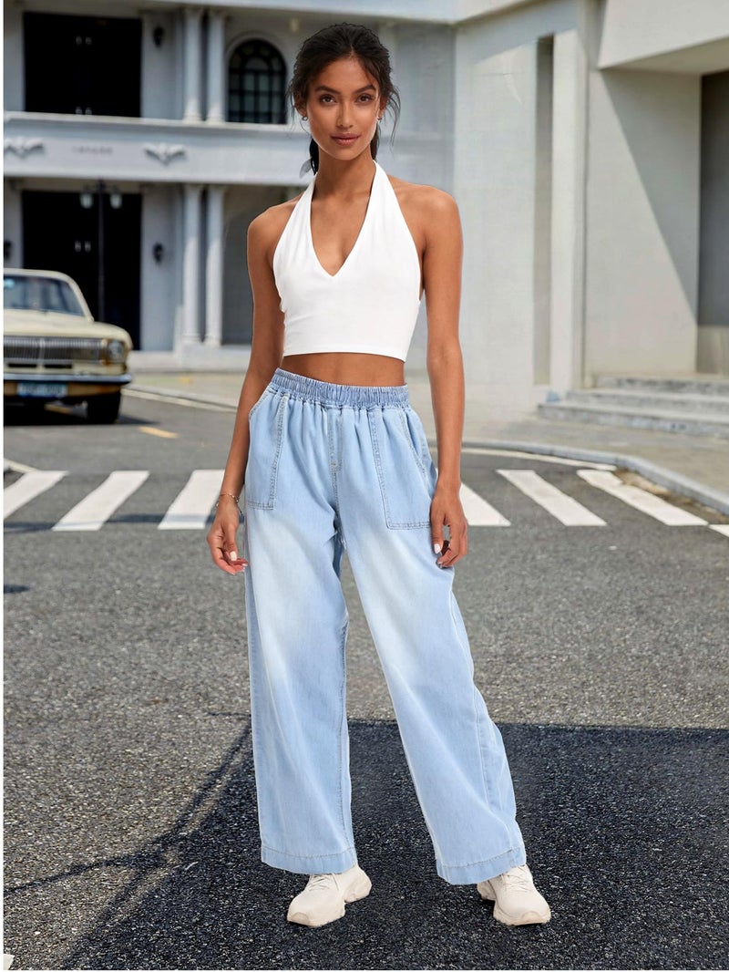 DEICAEVO Wide Leg Baggy Jeans, Elastic Waist Jeans for Women Trendy Loose Pants Light Blue S - Image 3