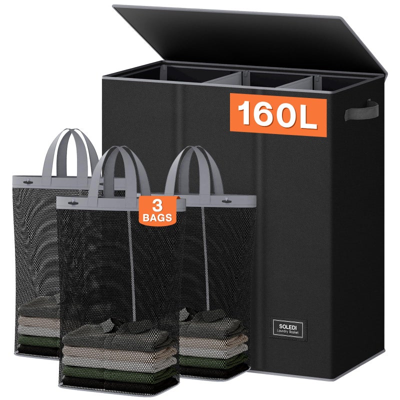 SOLEDI 160L Laundry Hamper 3 Section, Extra Large Laundry Hamper with Lid, Dirty Clothes Hamper with Sturdy Handle, Large Laundry Basket Organizer for Laundry Room, Bedroom, Hampers for Laundry - Image 1