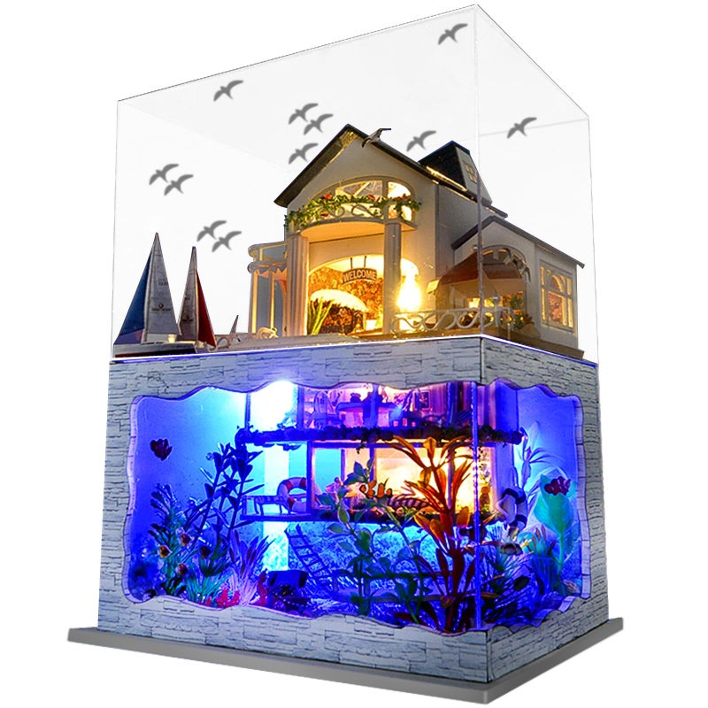 Spilay Miniature Dollhouse Kit with Furniture,DIY Dollhouse Kit Mini Modern Villa Model Plus Dust Cover and Music Box,1:24 Scale Creative Room Idea for Children Birthday Gift(Hawaii Impression) - Image 1
