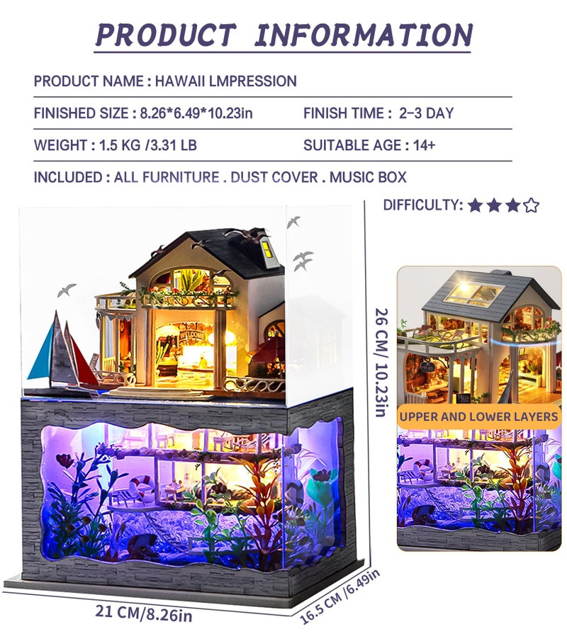 Spilay Miniature Dollhouse Kit with Furniture,DIY Dollhouse Kit Mini Modern Villa Model Plus Dust Cover and Music Box,1:24 Scale Creative Room Idea for Children Birthday Gift(Hawaii Impression) - Image 2