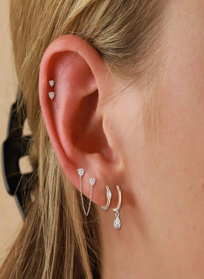 FANZE 5PCS Sliver Stud Earrings for Women Cubic Zircon Chain Hoop Earring Sets for Multiple Piercing Hypoallergenic Dainty Jewelry Gift - Image 2