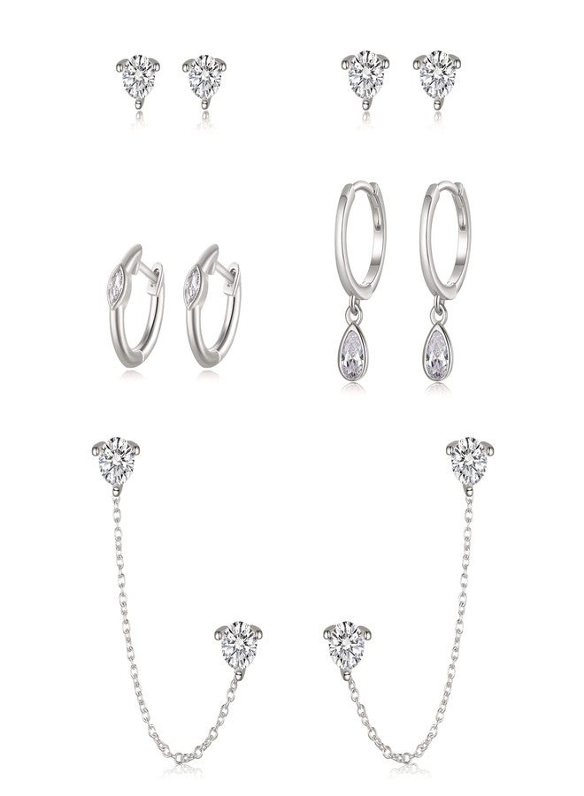 FANZE 5PCS Sliver Stud Earrings for Women Cubic Zircon Chain Hoop Earring Sets for Multiple Piercing Hypoallergenic Dainty Jewelry Gift - Image 1