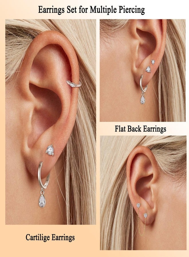 FANZE 5PCS Sliver Stud Earrings for Women Cubic Zircon Chain Hoop Earring Sets for Multiple Piercing Hypoallergenic Dainty Jewelry Gift - Image 3