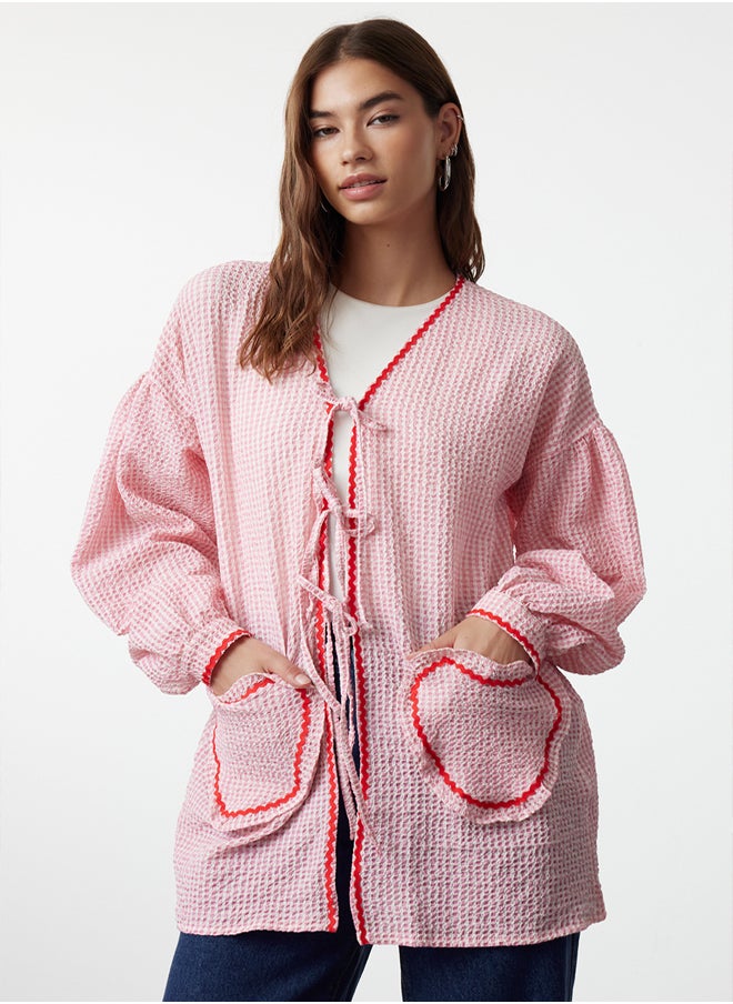 trendyol Pink Heart Pocket Detailed Seersucker Shirt TCTSS24TG00075  - Image 1