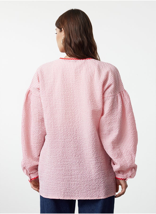 trendyol Pink Heart Pocket Detailed Seersucker Shirt TCTSS24TG00075  - Image 5