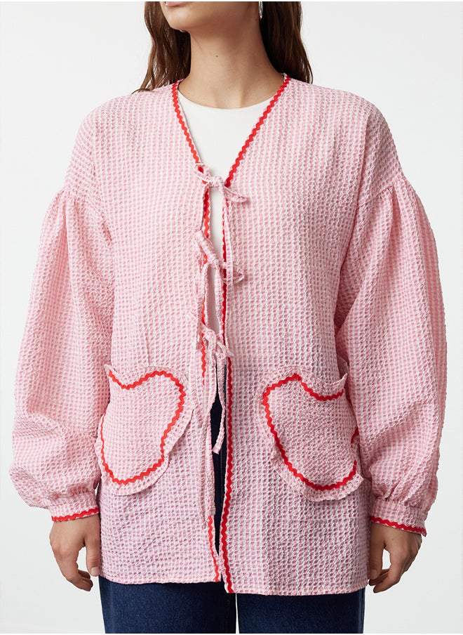 trendyol Pink Heart Pocket Detailed Seersucker Shirt TCTSS24TG00075  - Image 3