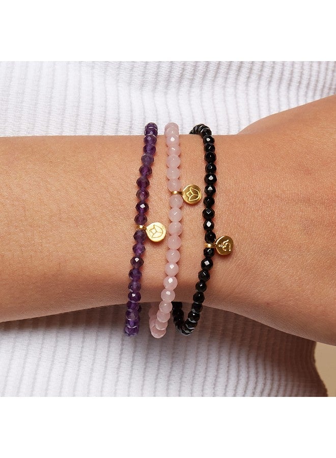 Satya Jewelry 4Mm Amethyst And 18K Yellow Gold Plated Mini Lotus Charm Stretch Women'S Bracelet 7  - Image 5