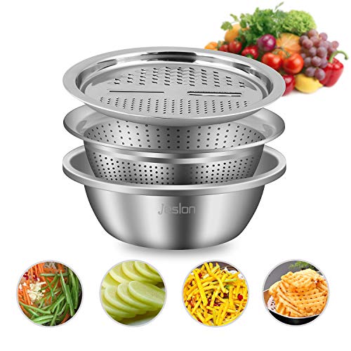 Jeslon 10 Inch Stainless Steel Drain Basket Vegetable Cutter, 3 in 1 Kitchen Multipurpose Julienne Grater - Salad Maker Bowl - Image 1