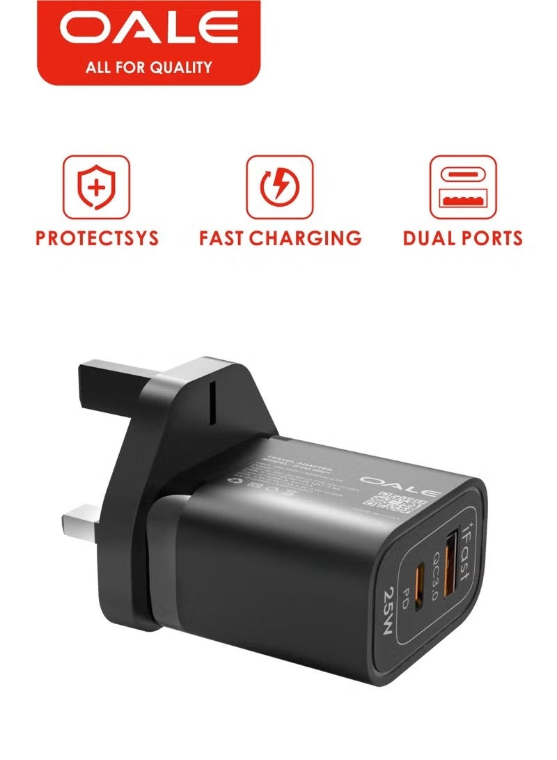 OALE 25W Fast Charging Adapter, PD+QC Dual USB Ports, Travel Charger, Supports Quick charging for iPhone, Motorola, Nothing, Oneplus, and Android Phones Charger, Free 1m USB-C Cable iFast 80U+ - Image 1