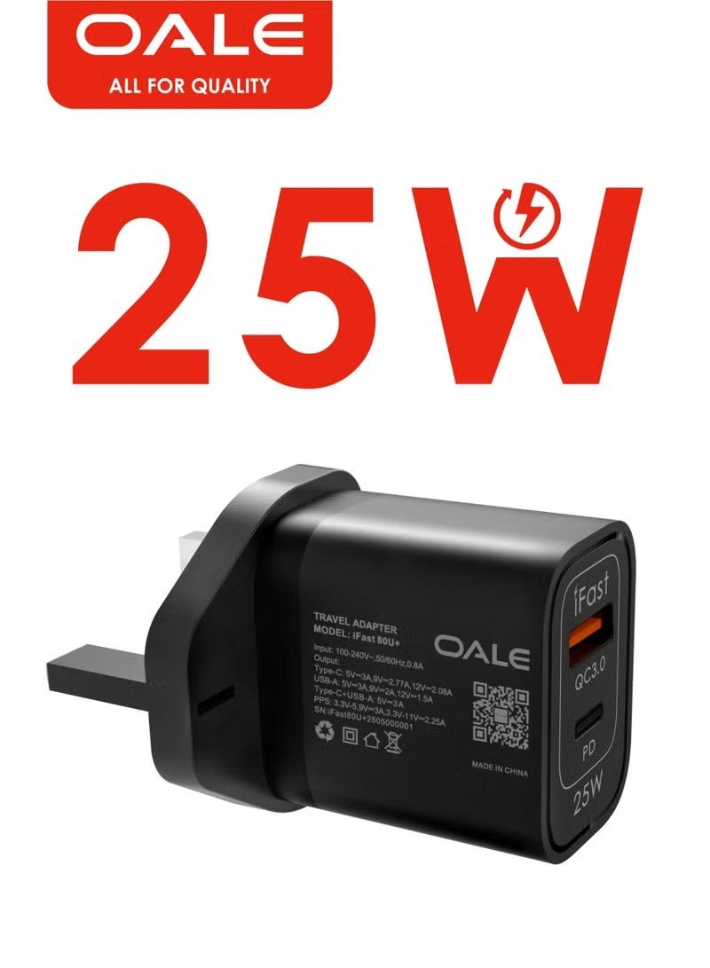 OALE 25W Fast Charging Adapter, PD+QC Dual USB Ports, Travel Charger, Supports Quick charging for iPhone, Motorola, Nothing, Oneplus, and Android Phones Charger, Free 1m USB-C Cable iFast 80U+ - Image 2