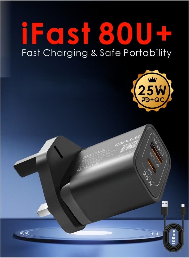 OALE 25W Fast Charging Adapter, PD+QC Dual USB Ports, Travel Charger, Supports Quick charging for iPhone, Motorola, Nothing, Oneplus, and Android Phones Charger, Free 1m USB-C Cable iFast 80U+ - Image 3