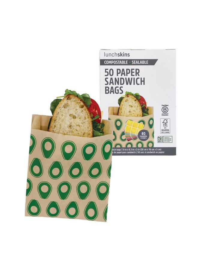 Lunchskins Compostable Food Storage Sandwich Bags, Avocado Design, 50 Bags - Eco-Friendly, Recyclable, Made Without PFAS and BPA - Image 1