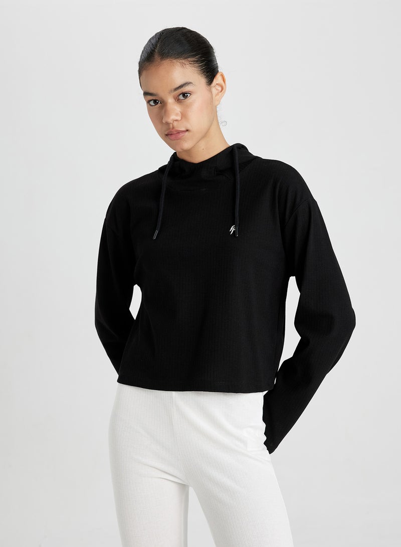 DeFacto Defactofit Standard Fit Hooded Embroidered Long Sleeve Ribbed T-Shirt  - Image 1