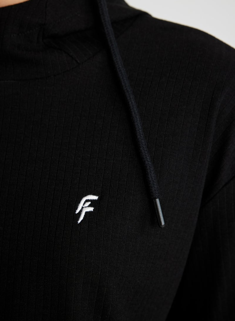 DeFacto Defactofit Standard Fit Hooded Embroidered Long Sleeve Ribbed T-Shirt  - Image 3