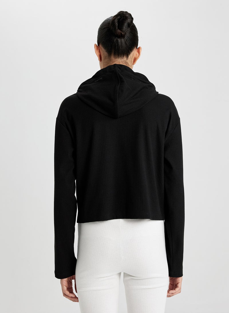 DeFacto Defactofit Standard Fit Hooded Embroidered Long Sleeve Ribbed T-Shirt  - Image 2