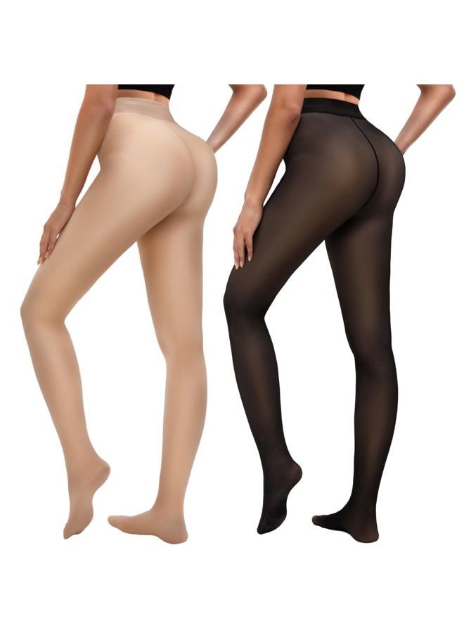 Bebila 2 Pairs Fleece Lined Tights Women Thermal Leggings Sheer Pantyhose Fake Translucent Warm Winter Tight, Skin+black Translucent, M - Image 1