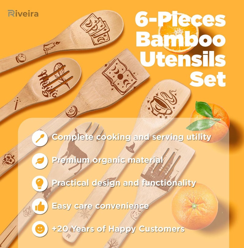 Riveira Magic Wizard Gifts Organic Wooden Spoons For Cooking Utensils Set 6-piece - Christmas Gifts For Women Kitchen Utensils Spatulas For Nonstick Cookware Gifts For Cooking Lovers - Image 4
