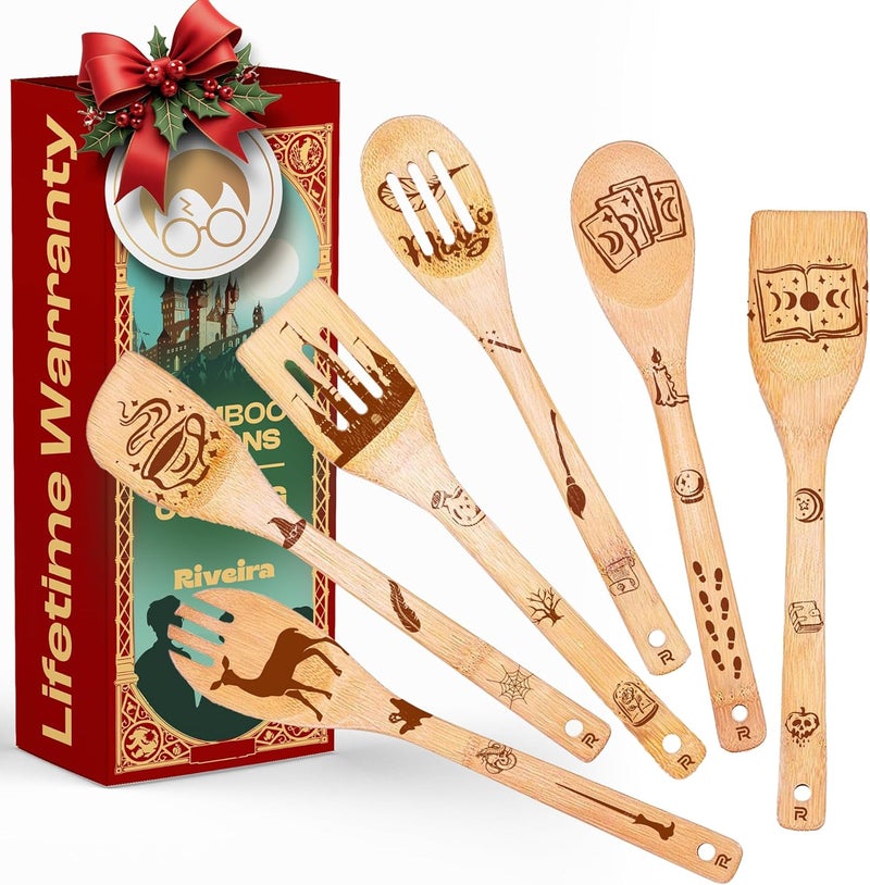 Riveira Magic Wizard Gifts Organic Wooden Spoons For Cooking Utensils Set 6-piece - Christmas Gifts For Women Kitchen Utensils Spatulas For Nonstick Cookware Gifts For Cooking Lovers - Image 1