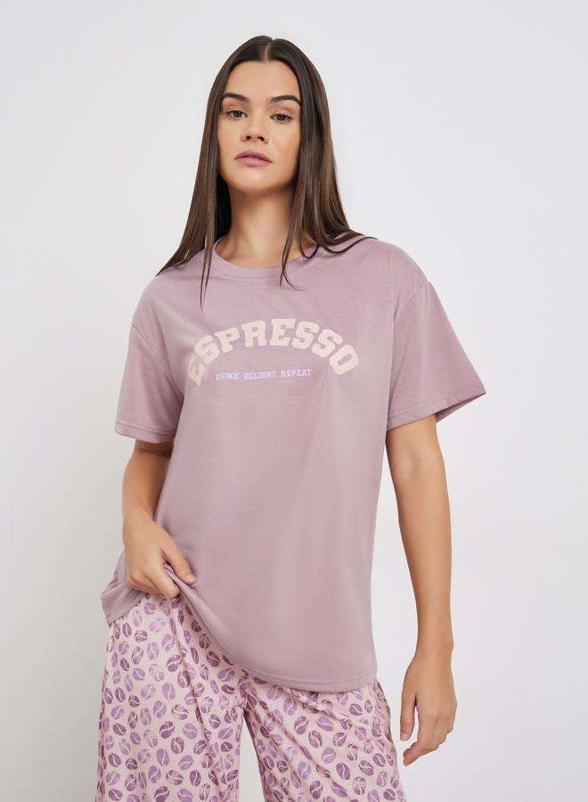 Styli Espresso Slogan Print Dropped Shoulder T-Shirt and Pyjama Set - Image 3