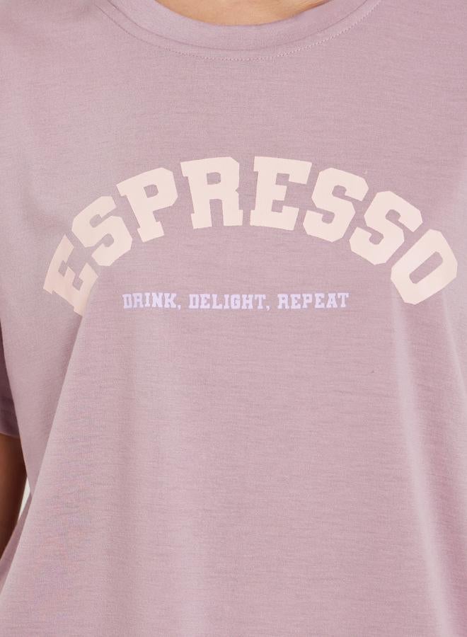 Styli Espresso Slogan Print Dropped Shoulder T-Shirt and Pyjama Set - Image 4