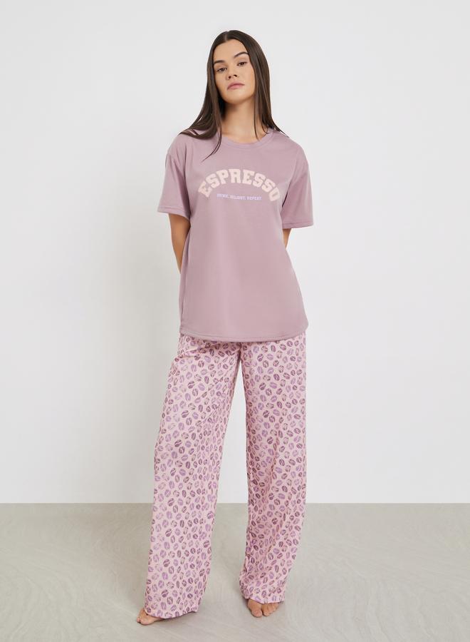 Styli Espresso Slogan Print Dropped Shoulder T-Shirt and Pyjama Set - Image 2