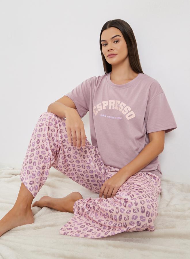 Styli Espresso Slogan Print Dropped Shoulder T-Shirt and Pyjama Set - Image 1