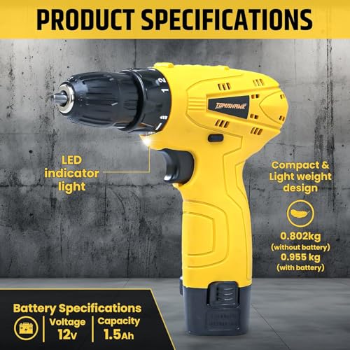 Tomahawk DMD-2100 12V Cordless Drill/Screwdriver | 10mm Keyless Chuck, 600 RPM, 24Nm Torque, 18+1 Settings | 2×1.5Ah Batteries, LED Light, Carry Case | Ideal for DIY, Wood, Plastic & Metal Work - Image 3
