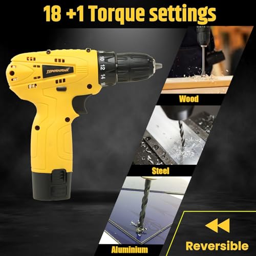 Tomahawk DMD-2100 12V Cordless Drill/Screwdriver | 10mm Keyless Chuck, 600 RPM, 24Nm Torque, 18+1 Settings | 2×1.5Ah Batteries, LED Light, Carry Case | Ideal for DIY, Wood, Plastic & Metal Work - Image 4