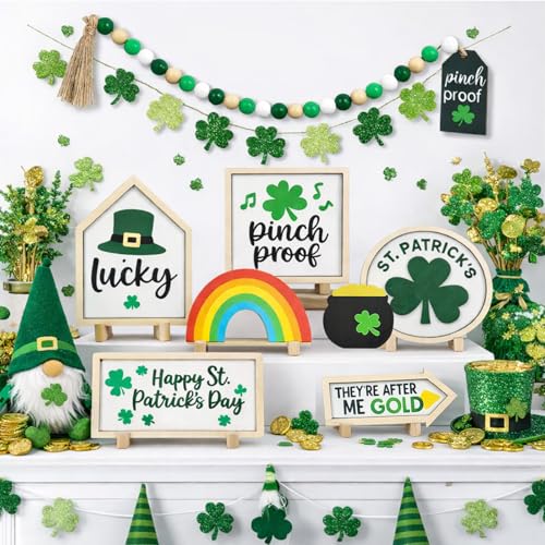 Zaycca 8PCS St. Patrick's Day Table Decoration Set – Shamrocks Wooden Signs, Rustic Irish Decor, Happy St. Patrick's Day Centerpiece Sign for Home, Shelf & Party Tiered Tray Decor - Image 3
